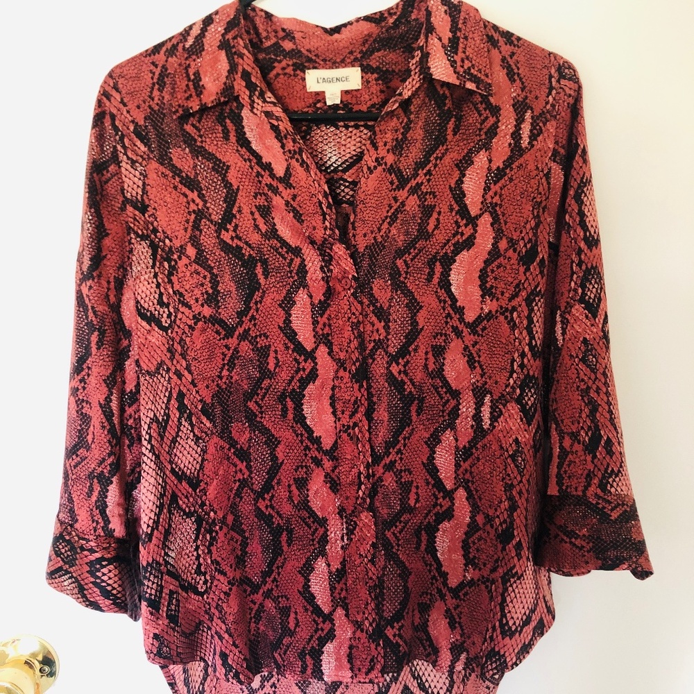 L'Agence Silk Snake Animal Print Button-Up Top